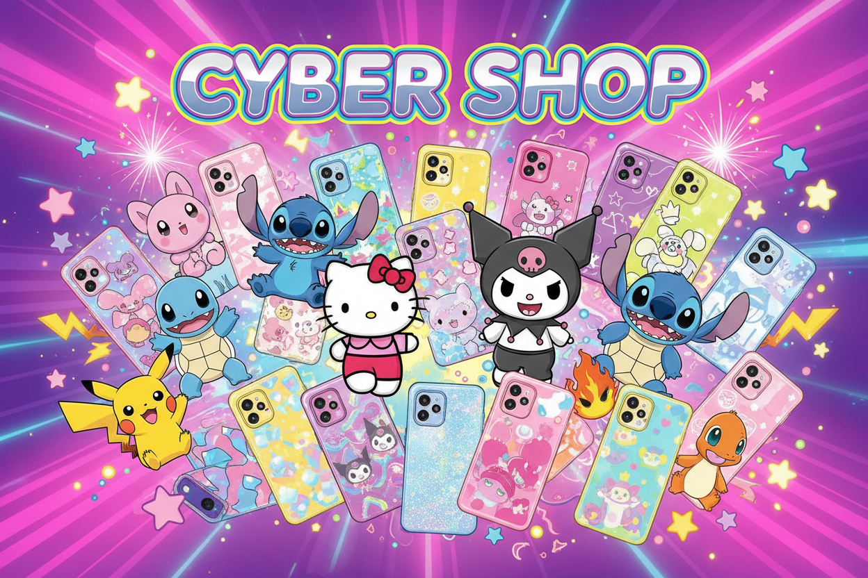 create a bright, vibrant, glossy, colour graphic for Cyber Shop a store that sells cute phone cases , Hello kitty , Kuromi , Stitch, pokemon , plus more 